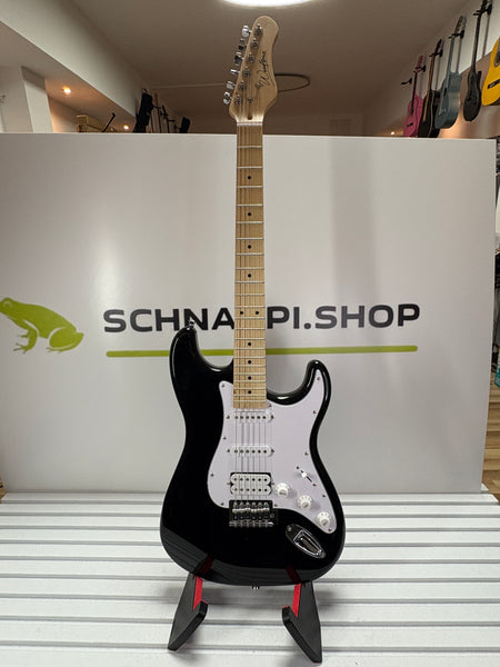 Woodbrass ST100 E-Gitarre, Schwarz, vielseitige Gitarre, ideal für Anfänger, Korpus ST-Form